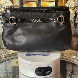 Coach Madison Black Leather Wristlet Pouch with silver hardware and hang tag